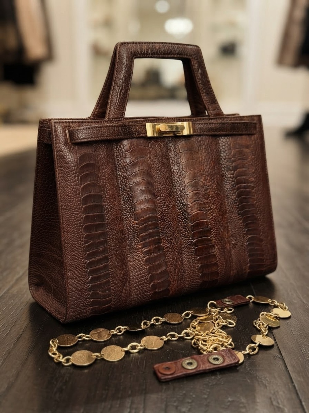 Rare Vintage 1960s Ostrich Leg Skin Top Handle Bag w/ Original Prym Strap